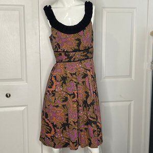 London Times Black Paisley Midi Dress with Pink & Gold Accents